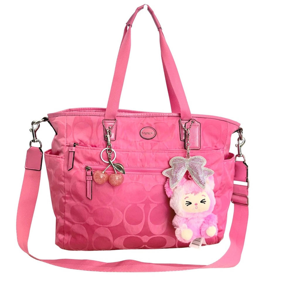 Coach Pink Signature Nylon Diaper Bag Weekender Tote with Changing Pad & Charms